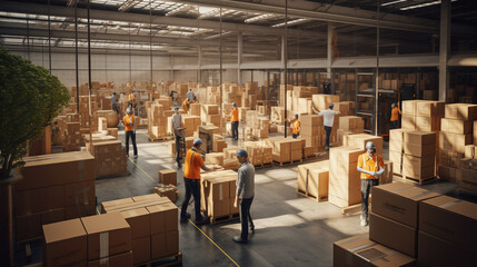 A team of warehouse workers collaborating to move and organize large shipments 
