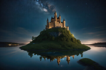 A Peaceful Castle on an Island in a Lake with a Starry Night Sky

