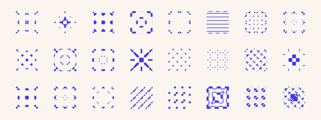 Set of basic minimalistic shapes. simple trendy geometric elements for decoration and logo design. Abstract square modern wireframe, cyberpunk, pixel art inspired elements.