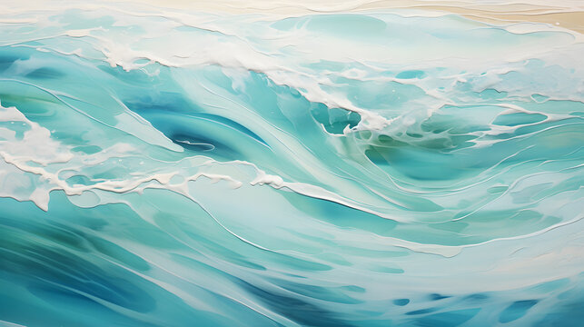 Oil painting on canvas of deep aquamarine sea. Beautiful artwork of ocean wave