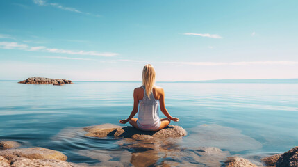 Woman meditating on the sea beach in lotus position. Generative AI