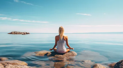 Fotobehang Strand zonsondergang Woman meditating on the sea beach in lotus position. Generative AI