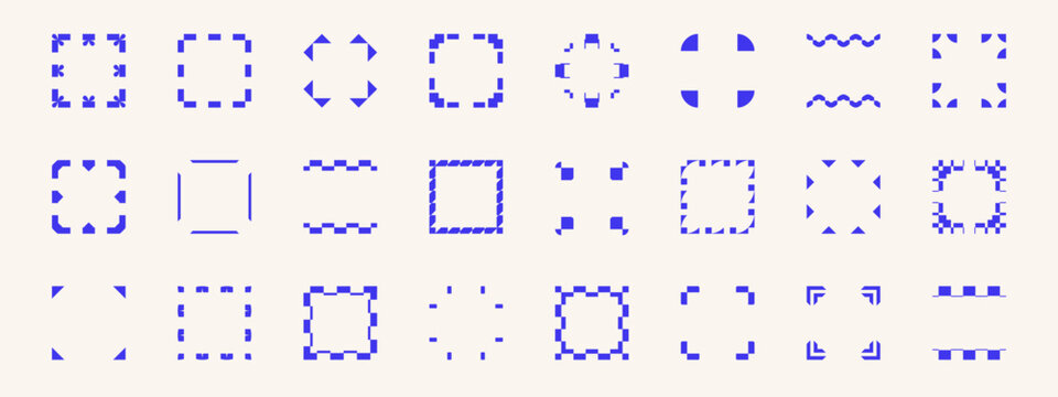 Futuristic basic and minimalistic shapes. Decorative border frames in a simple trendy modern style. Abstract square wireframe, cyberpunk, pixel art inspired elements.
