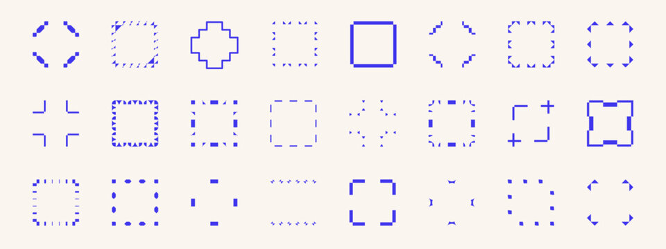 Futuristic basic and minimalistic shapes. Decorative border frames in a simple trendy modern style. Abstract square wireframe, cyberpunk, pixel art inspired elements.