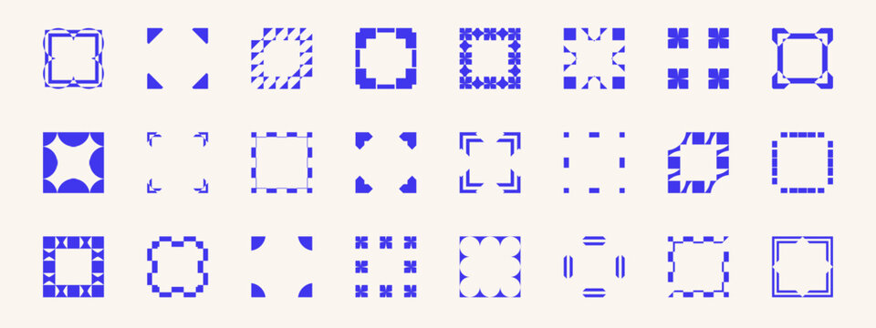 Futuristic basic and minimalistic shapes. Decorative border frames in a simple trendy modern style. Abstract square wireframe, cyberpunk, pixel art inspired elements.