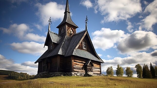 Old Christian wooden church. Created using Generative AI technology.