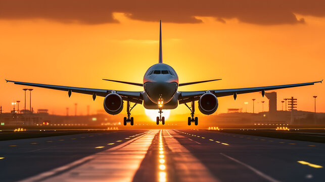 A large jetliner taking off from an airport runway at sunset or dawn with the landing gear down and the landing gear down, as the plane is about to take off.