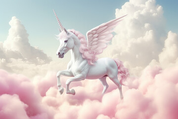 Obraz na płótnie Canvas A white unicorn with candy cotton pink hair riding on pink clouds