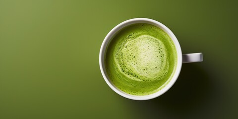 AI Generated. AI Generative. Asian japanese traditional hot matcha cup of green latte top view. Mock up background on table. Copy space for promotion text