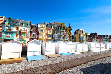 Typical facades on the seaside of Mers-les-Bains, limit of Hauts-de-France and Normandy. France