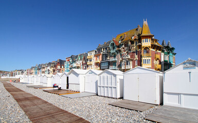 Typical facades on the seaside of Mers-les-Bains, limit of Hauts-de-France and Normandy. France