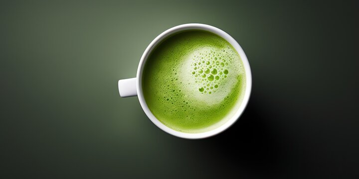 AI Generated. AI Generative. Asian japanese traditional hot matcha cup of green latte top view. Mock up background on table. Copy space for promotion text