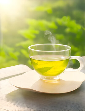 Tea cup on a wooden table with green leave background. Transparent cup of green tea on wooden table. Hot black tea. Wooden desktop with transparent hot green tea cup on blurry background.