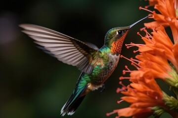 Obraz premium Hummingbird hovering next to flowers. Flying hummingbird with green forest in background. Small colorful bird in flight.