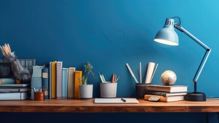 Student creative desk mock up with office supplies, notebooks, notes, books, lamp and blue wall background. Back to school.
