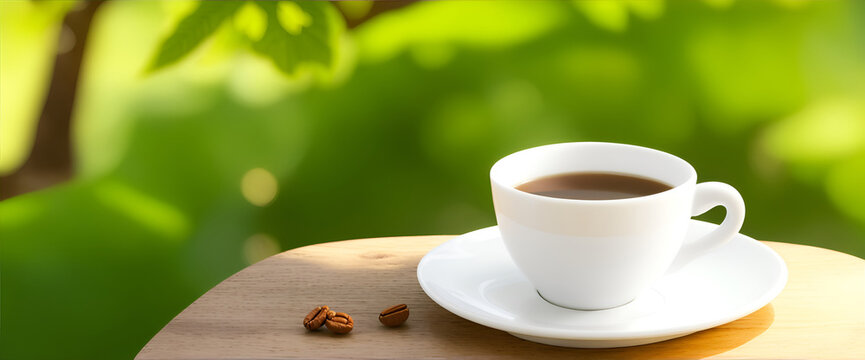 Coffee cup on a wooden table with green leave background. Hot black coffee cup. Wooden desktop with coffee cup on blurry background. coffee product placement for advertising refers to natural. 