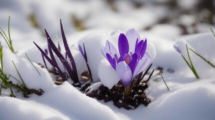 a purple flower in the snow
