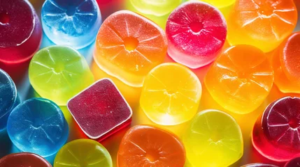 Küchenrückwand glas motiv Fruit jelly candies background. Colorful sweet backdrop. Generative AI © AngrySun