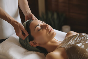 A skilled esthetician applying a nourishing body wrap to the woman, creating a serene atmosphere 