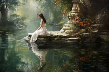 The woman's reflection in a serene spa pond as she enjoys a moment of tranquility 
