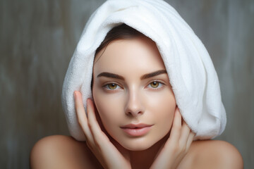 Obraz premium A soft and fluffy spa towel wrapped around the woman's head, preparing for a facial 