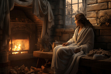 Obraz na płótnie Canvas The woman sitting by a cozy fireplace, wrapped in a warm towel after a relaxing treatment 