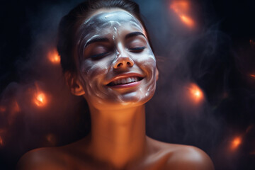 The woman's face glowing under the gentle glow of a spa facial mask, experiencing pure bliss 