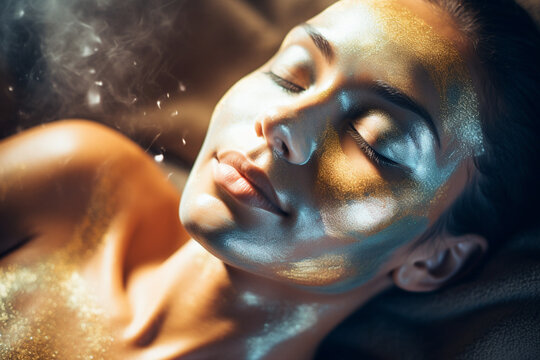 The woman's face glowing under the gentle glow of a spa facial mask, experiencing pure bliss 
