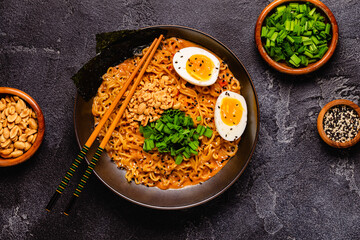 Korean style instant noodle, Shin Ramyeon with peanut and egg.