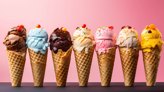 Set of various flavour of ice cream scoops in waffle cones with sprinkles decoration on bright background