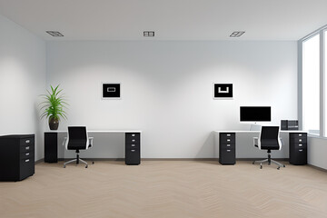 Modern office room white wall decoration concept.