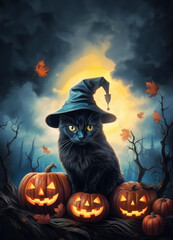 A cute black cat wearing a witch hat on dark background Halloween concept.