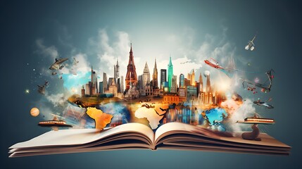 Education and Intelligence Collage with Global Travel Theme, bulb, light, map, World in a book