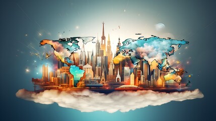 Education and Intelligence Collage with Global Travel Theme, bulb, light, map, real world sights
