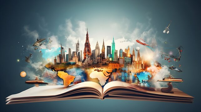 Education and Intelligence Collage with Global Travel Theme, bulb, light, map, World in a book