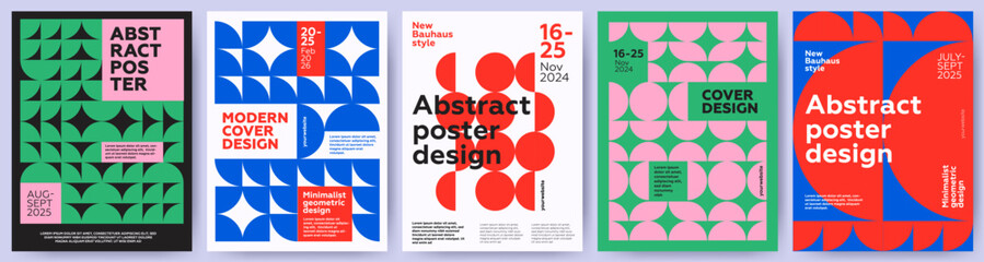 Creative covers, layouts or posters concept in modern minimal style for corporate identity, branding, social media advertising, promo. Trendy design templates with colorful geometric elements pattern