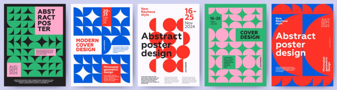 Creative covers, layouts or posters concept in modern minimal style for corporate identity, branding, social media advertising, promo. Trendy design templates with colorful geometric elements pattern