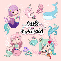 Summer collection of mermaids and whales on a pink background. Vector cartoon illustration. Art for kids