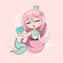 Summer mermaid on a pink background. Vector cartoon illustration. Art for kids