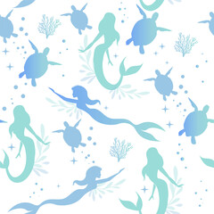 Beautiful vector illustration silhouette mermaid and turtles on a white background seamless pattern