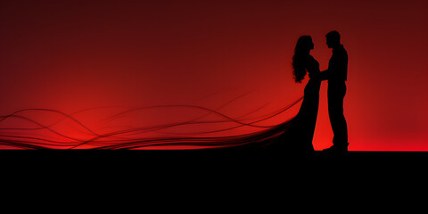 Silhouette Dancing Couple. Red Shadow Dance. Elegant Passion. Romantic Lover. Long Woman Dress. Copy Space Background Banner