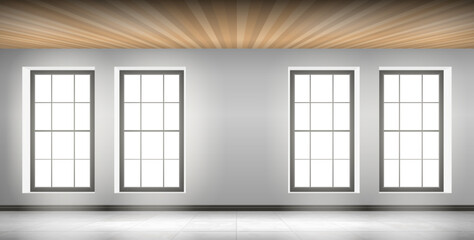 modern empty room interior with four windows tiles floor wooden plank ceiling vector illustration - 634006098