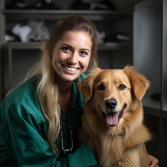 pet health checkup look happy vet doctor stroking smiling dog at veterinary clinic