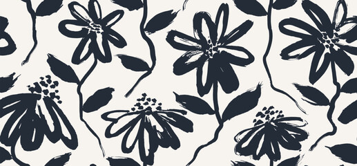 flowers hand drawn seamless pattern. ink brush texture.	