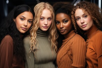 Obraz premium A diverse group of beautiful women with natural beauty and glowing smooth skin. Portrait of many attractive female fashion models with great skincare of all races, tones and style