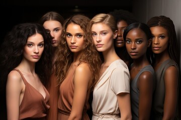 A diverse group of beautiful women with natural beauty and glowing smooth skin. Portrait of many attractive female fashion models with great skincare of all races, tones and style