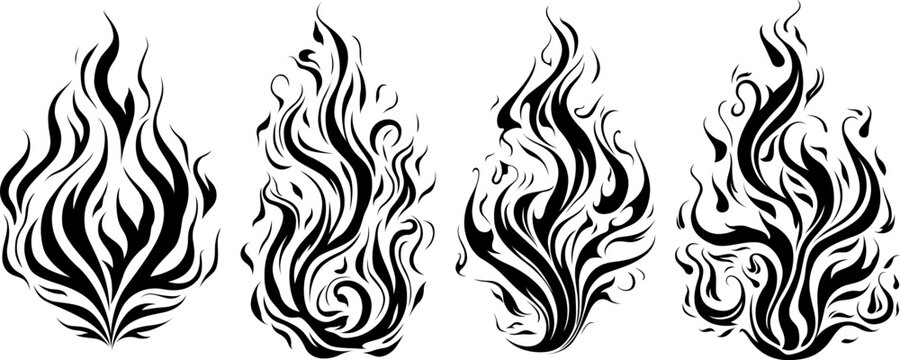Fire isolated on a white. Flames silhouette for tattoo. Collection of images flaming illustration. Ai generated.