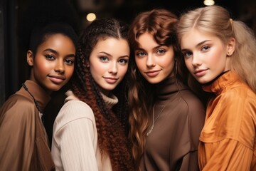 Fototapeta premium A diverse group of beautiful women with natural beauty and glowing smooth skin. Portrait of many attractive female fashion models with great skincare of all races, tones and style