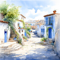 Watercolour depiction of a Greek street in summer. Traditional blue and white architecture of Greece. Digital illustration. - obrazy, fototapety, plakaty