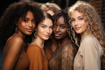 Obraz premium A diverse group of beautiful women with natural beauty and glowing smooth skin. Portrait of many attractive female fashion models with great skincare of all races, tones and style